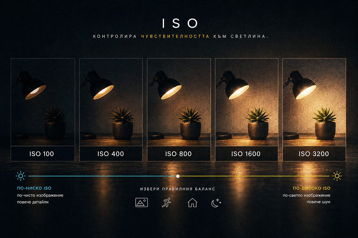 Сравнение на ISO 100, ISO 400, ISO 800, ISO 1600 и ISO 3200 с различна яркост и количество дигитален шум