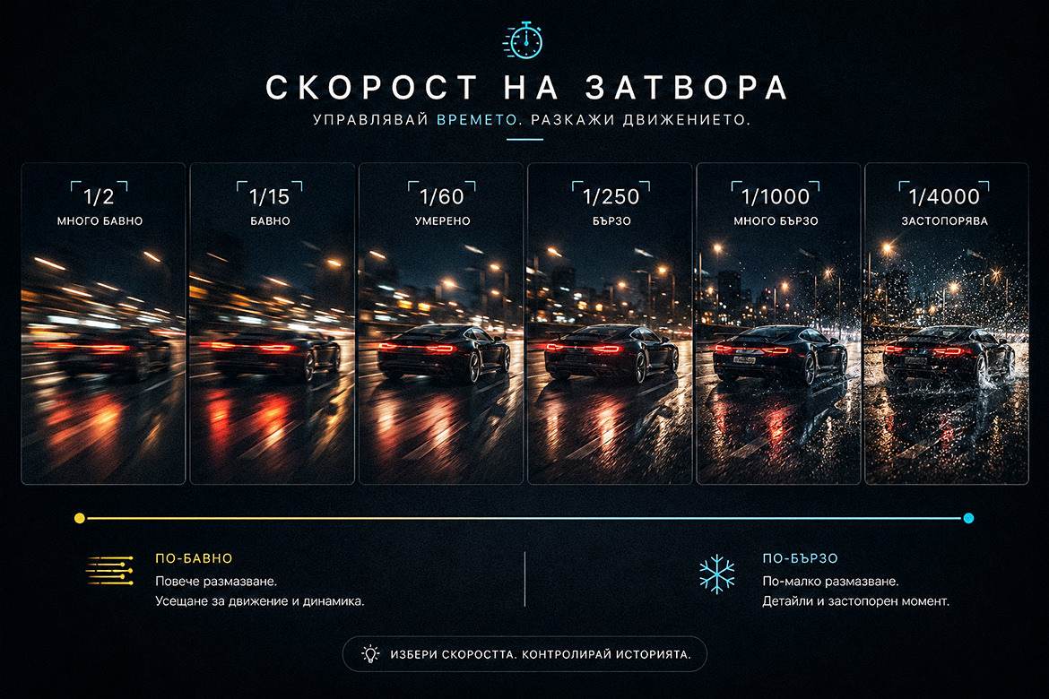 Сравнение на различни скорости на затвора и начина, по който замразяват или размазват движението във фотографията