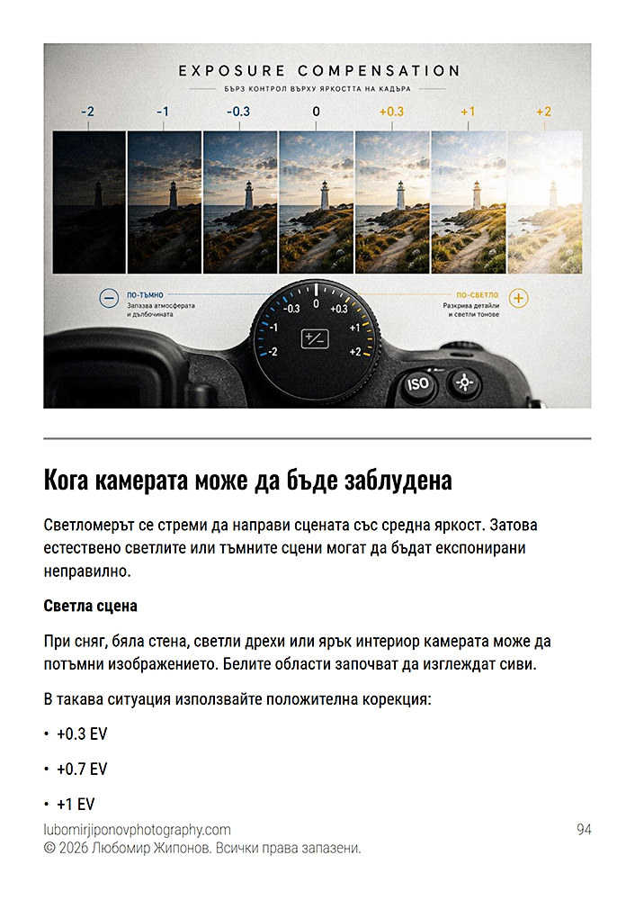 Фотографска книга за начинаещи – създадена специално като част от обучението и курса по фотография за начинаещи на Любомир Жипонов Примерна страница от авторската книга по фотография за начинаещи на Любомир Жипонов