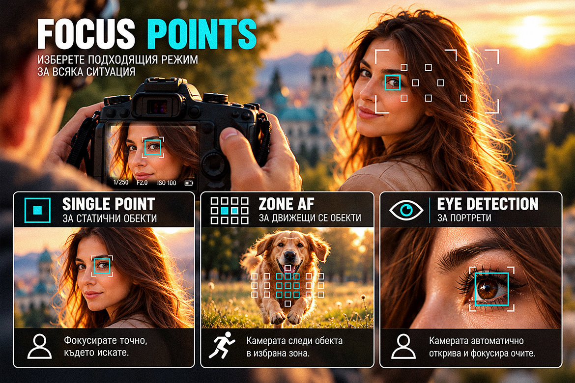 Фокусни точки и зони при фотоапарат - Single Point, Zone AF и Eye Detection за начинаещи фотографи